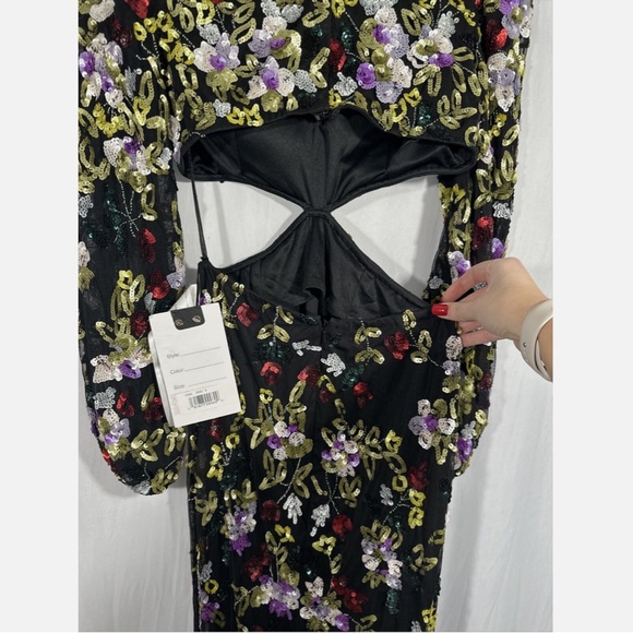NWT $598 Mac Duggal [ 6 ] Floral‎ Sequined Cutout Long Sleeve Gown Black - Picture 12 of 16